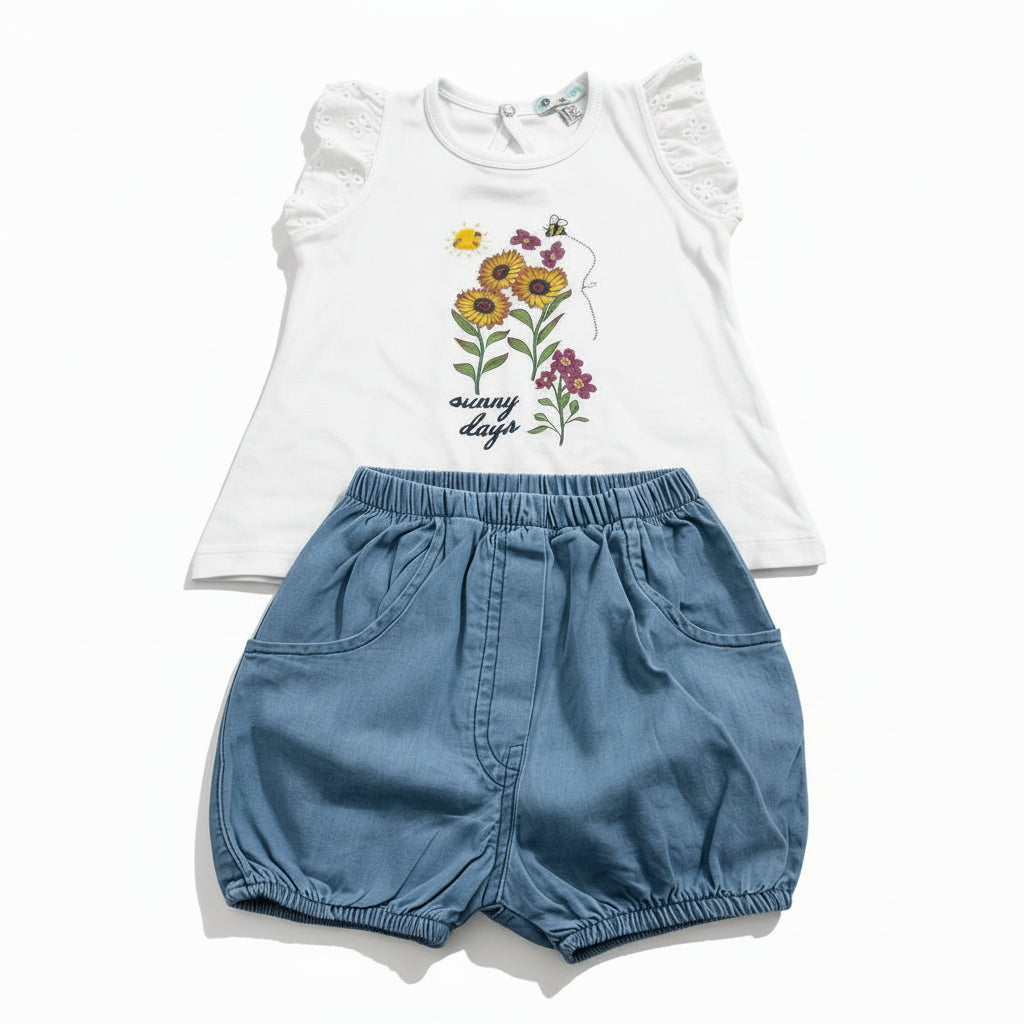 Ensemble (T-shirt+ short) Fille - Blanc/Bleu image 0