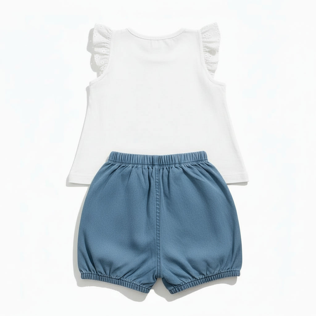 Ensemble (T-shirt+ short) Fille - Blanc/Bleu image 2