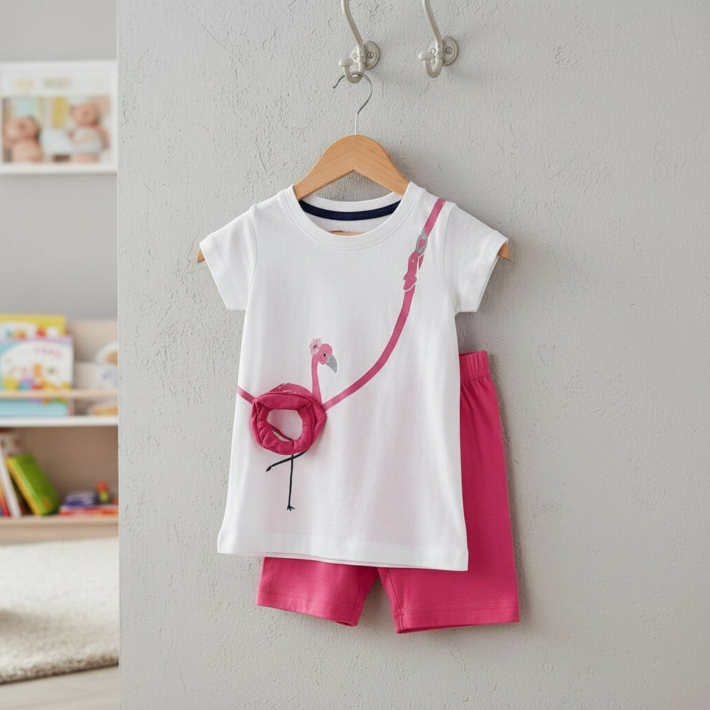 Ensemble (T-shirt + short) Fille - Blanc/Rose image 0