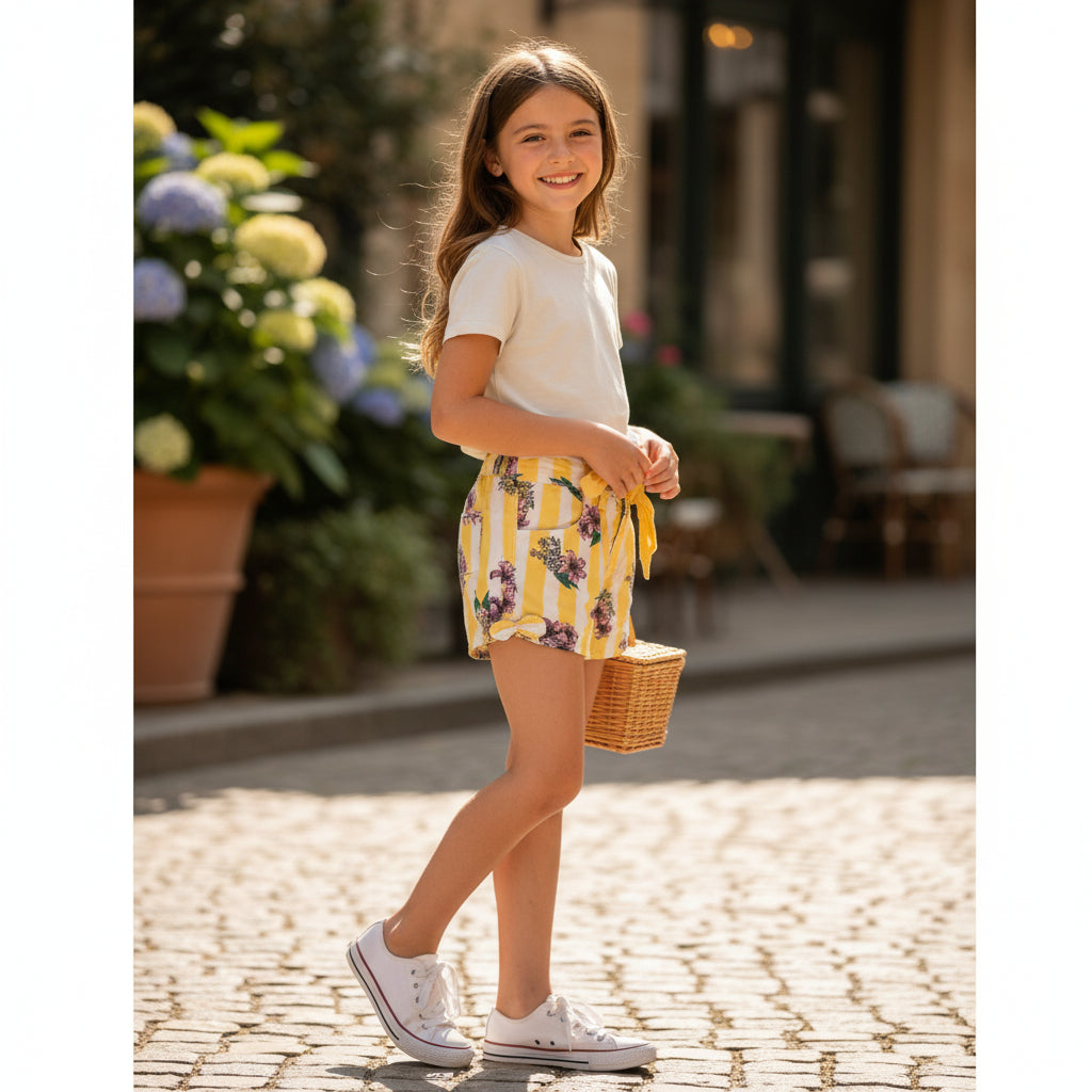 Short fleurs rayés Fille - Jaune image 1